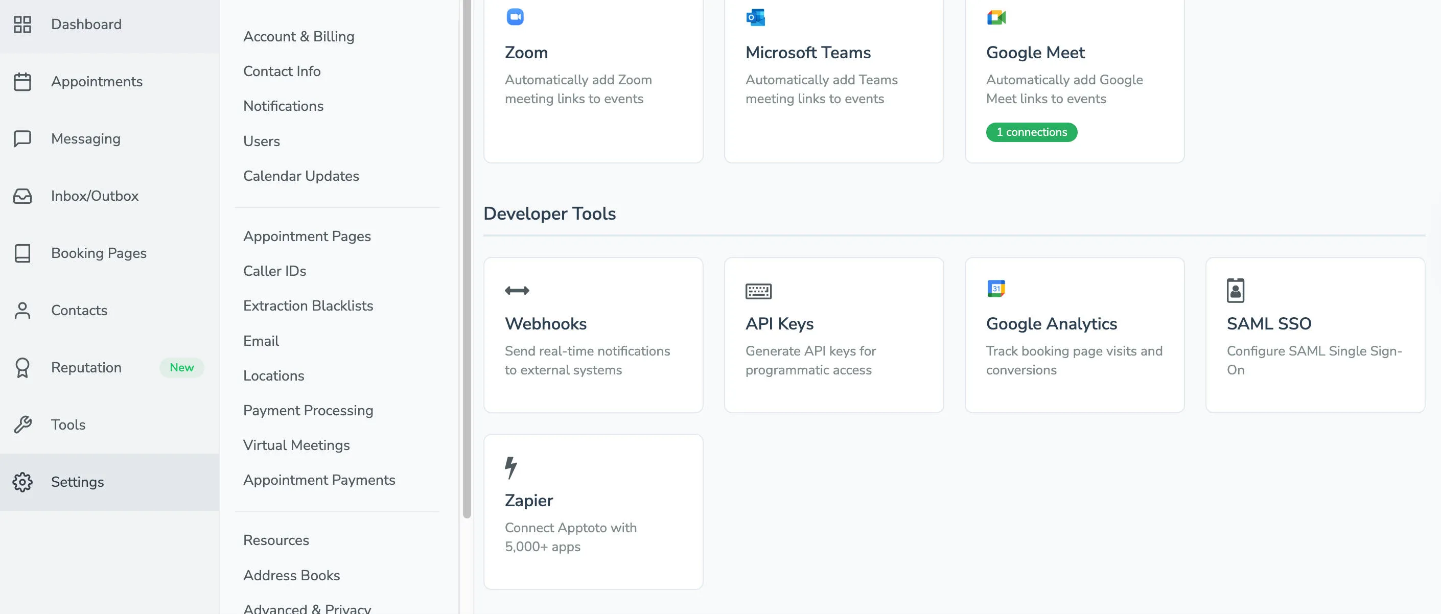 Developer tools section of Apptoto Integrations page with API Keys link
