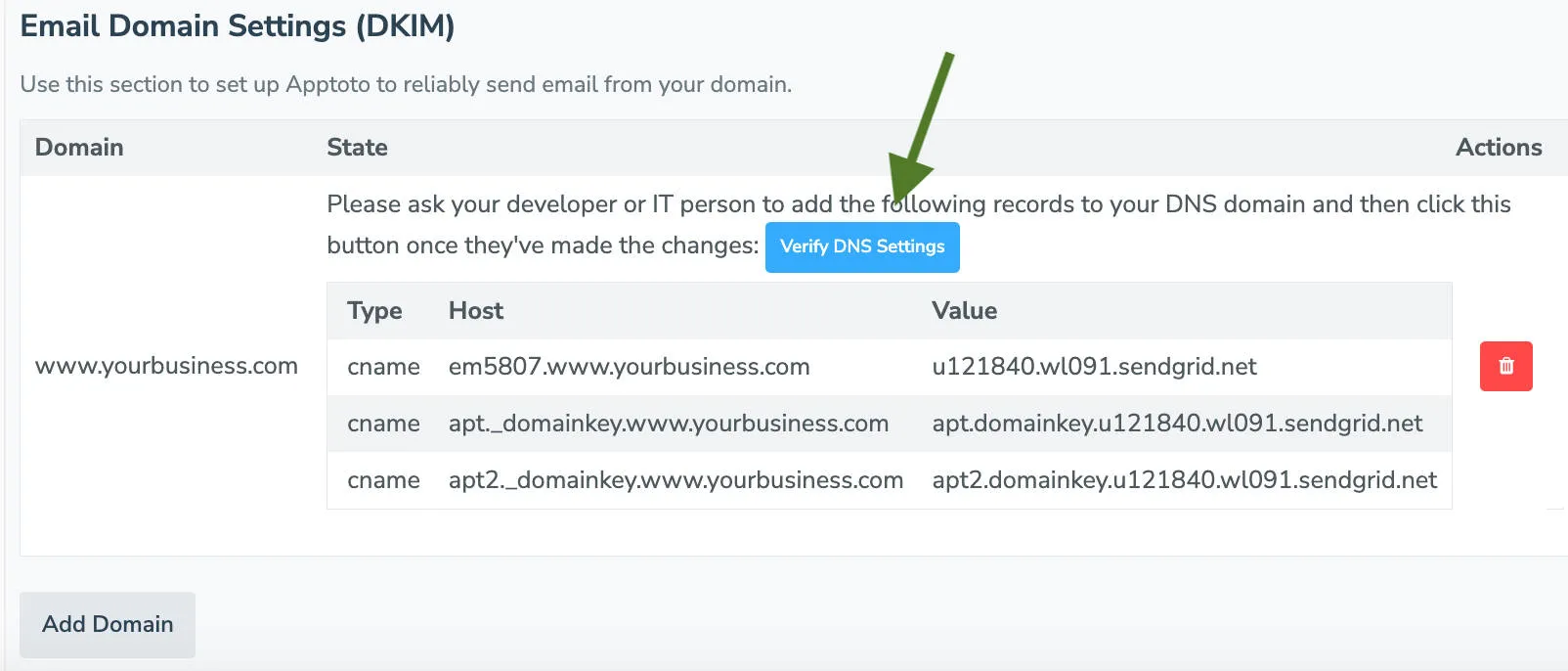 Generate DKIM records and click "verify DNS settings" to test if they were implemented correctly.