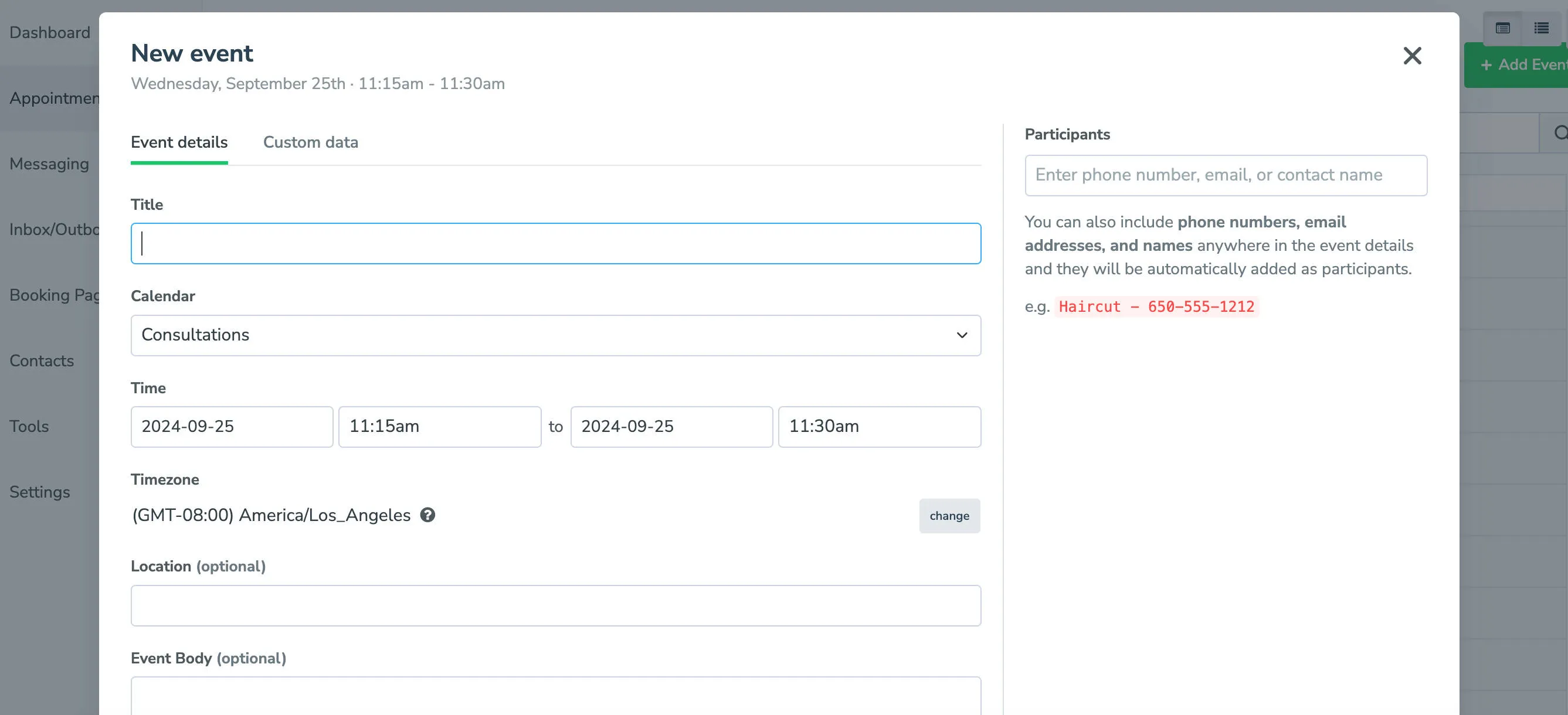 Double-clicking an empty time slot allows you to create a new appointment event.