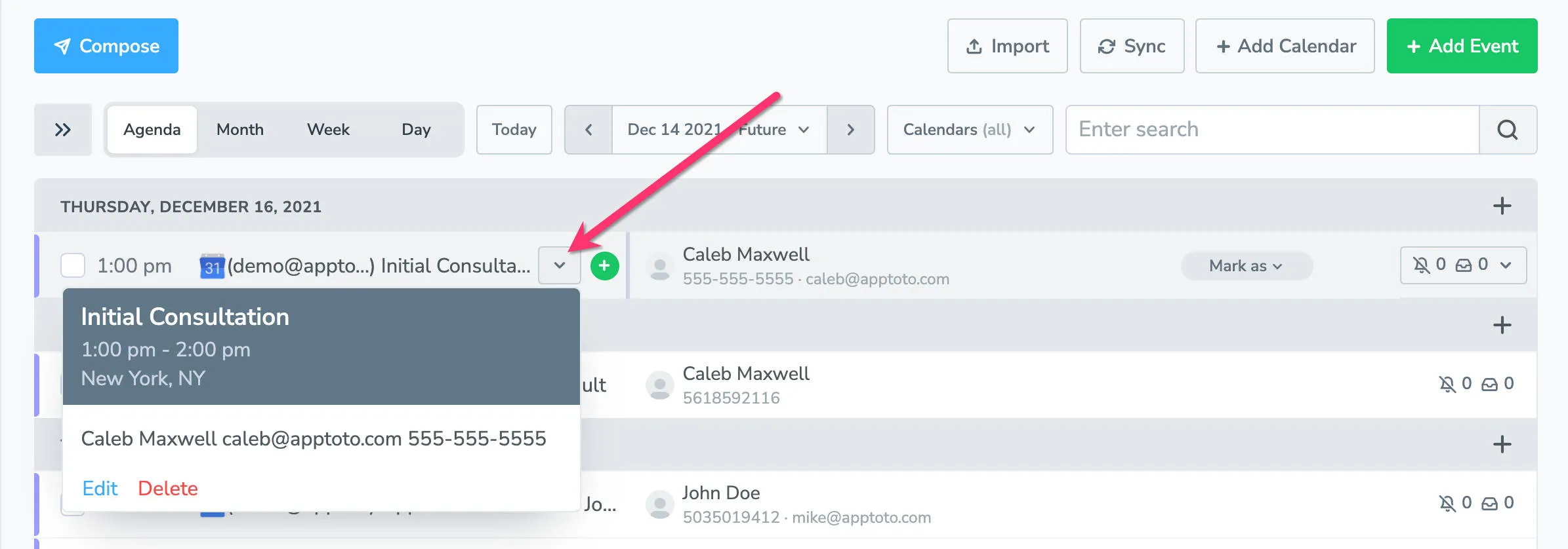 In Apptoto, clicking the downward arrow next to an event displays additional event and participant information.