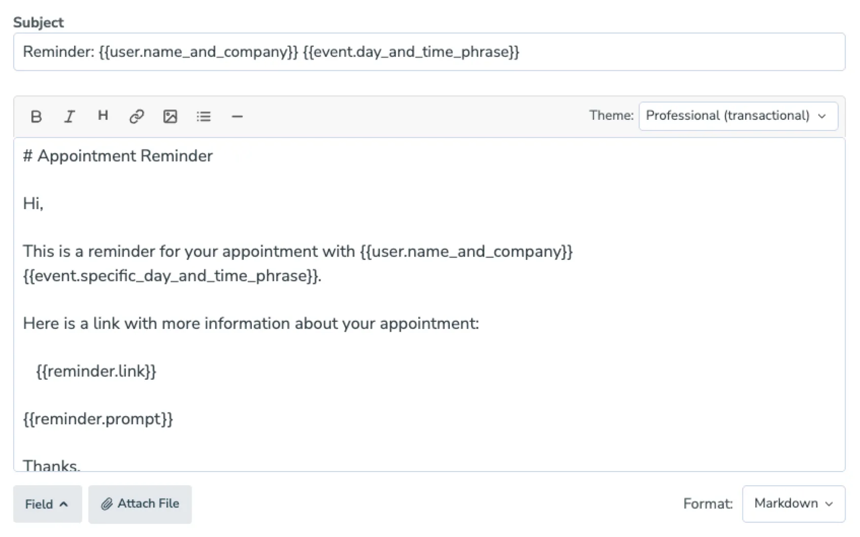 Email message editor with the Markdown toolbar and Theme dropdown