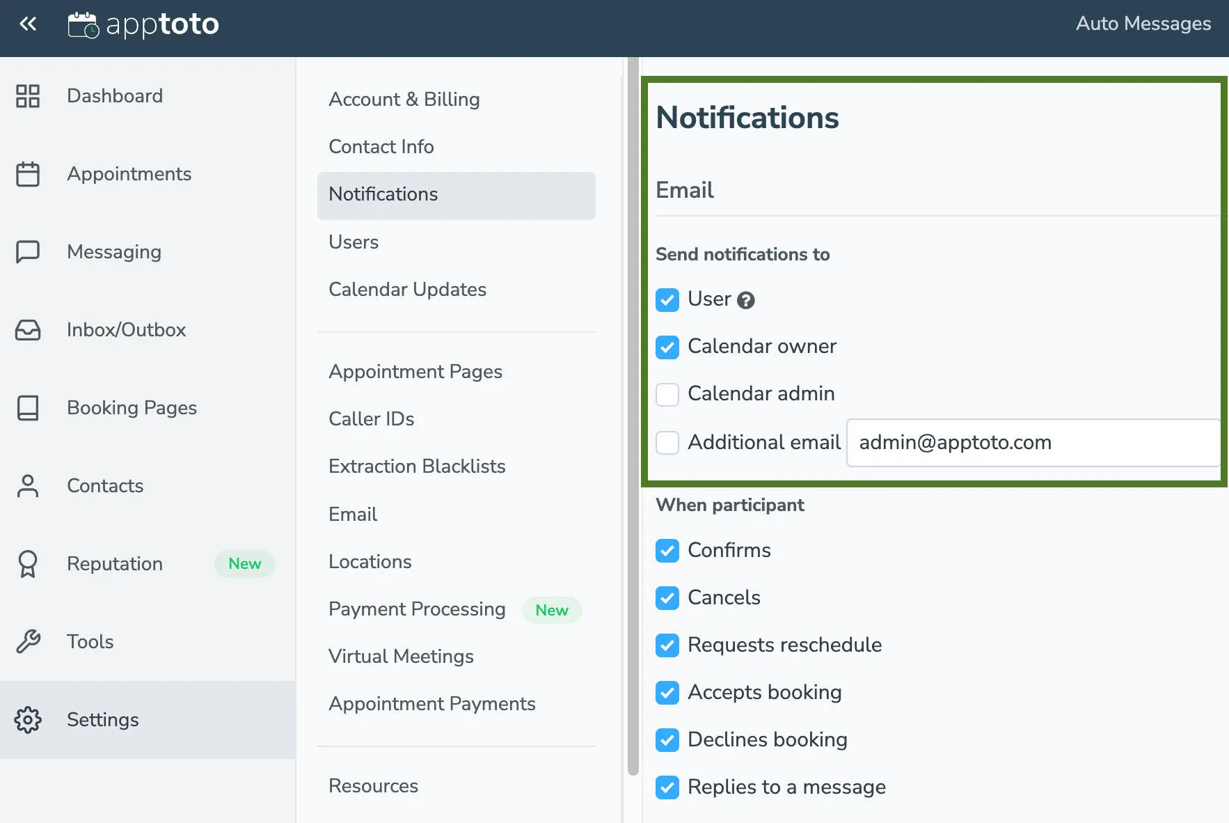 Select email notification preferences for client responses to appointment reminders and bookings via settings > notification tab.