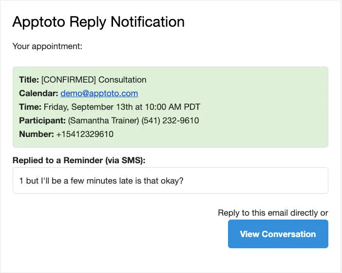 Notification business receives when client responds to message reminder from Apptoto