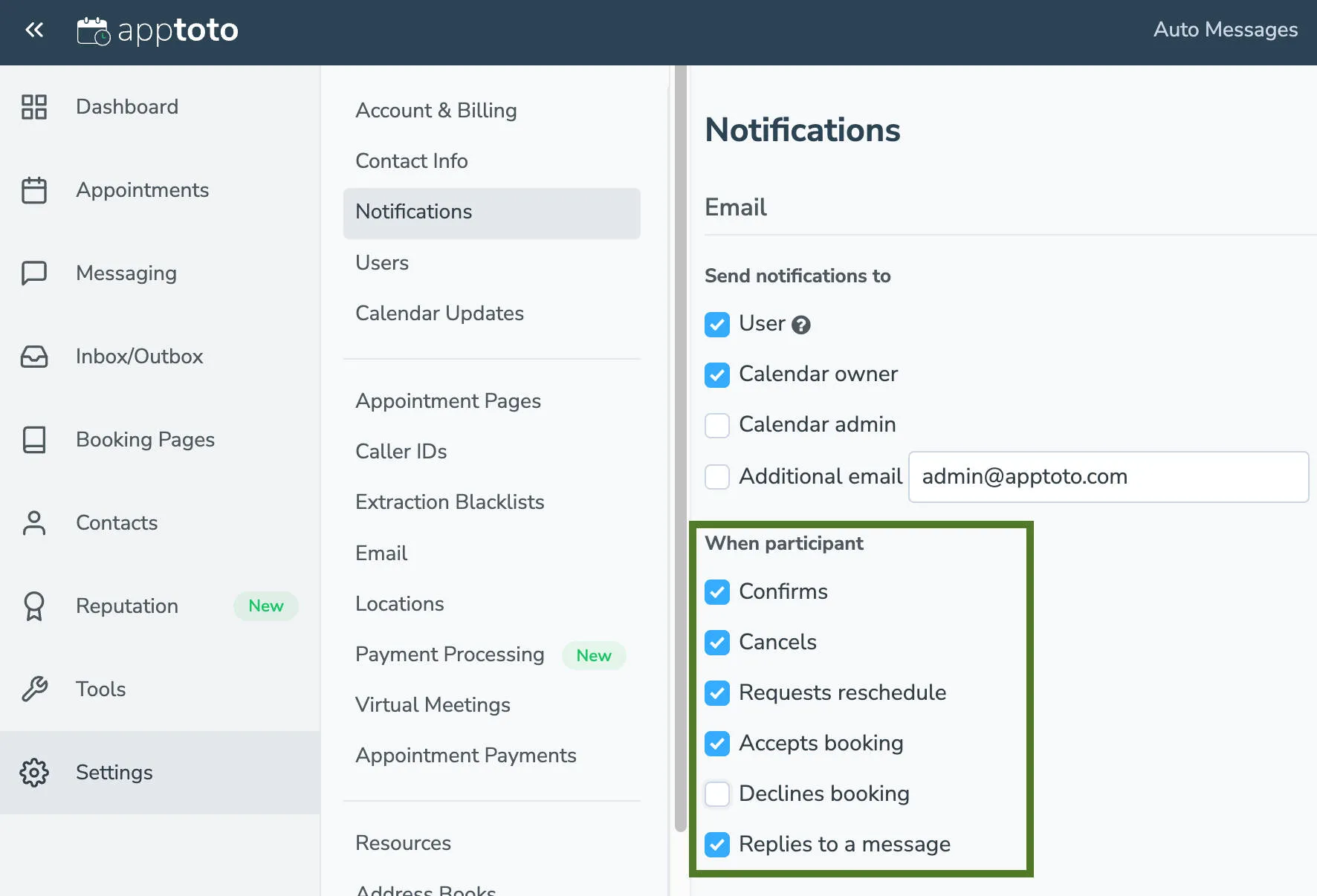 Set email and text notifications for when appointment participants confirm, cancel, reschedule, or send messages.