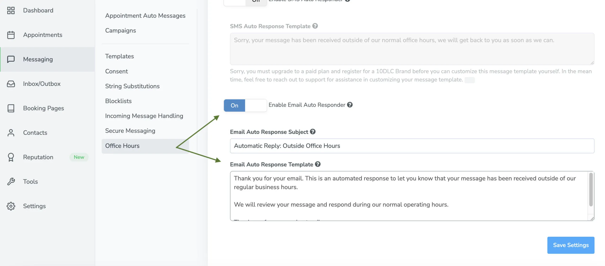 Set email outside office hours responder message
