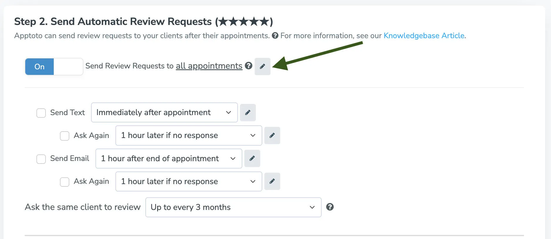 Click the pencil icon to limit which appointment receive review requests