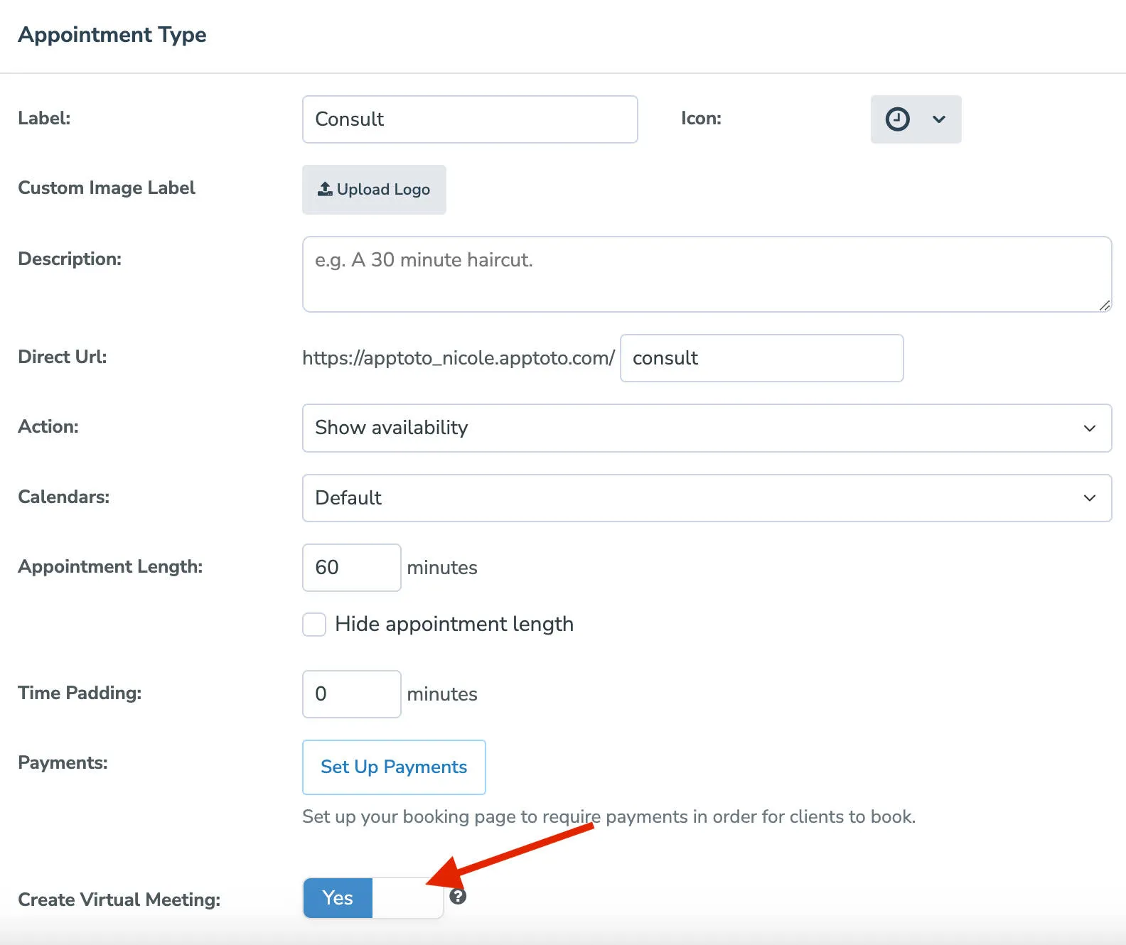 Enable Virtual Meetings for one or multiple appointment types.
