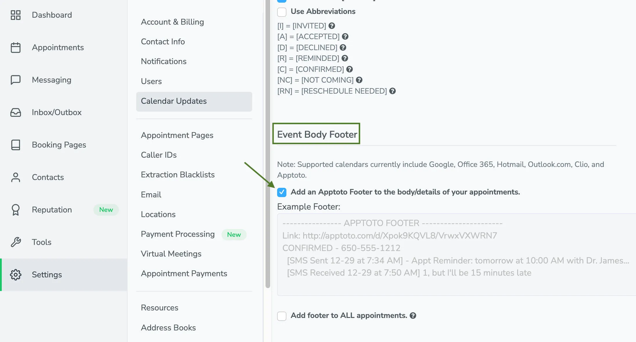 Enabled appointment footer to display event details, messages, and responses