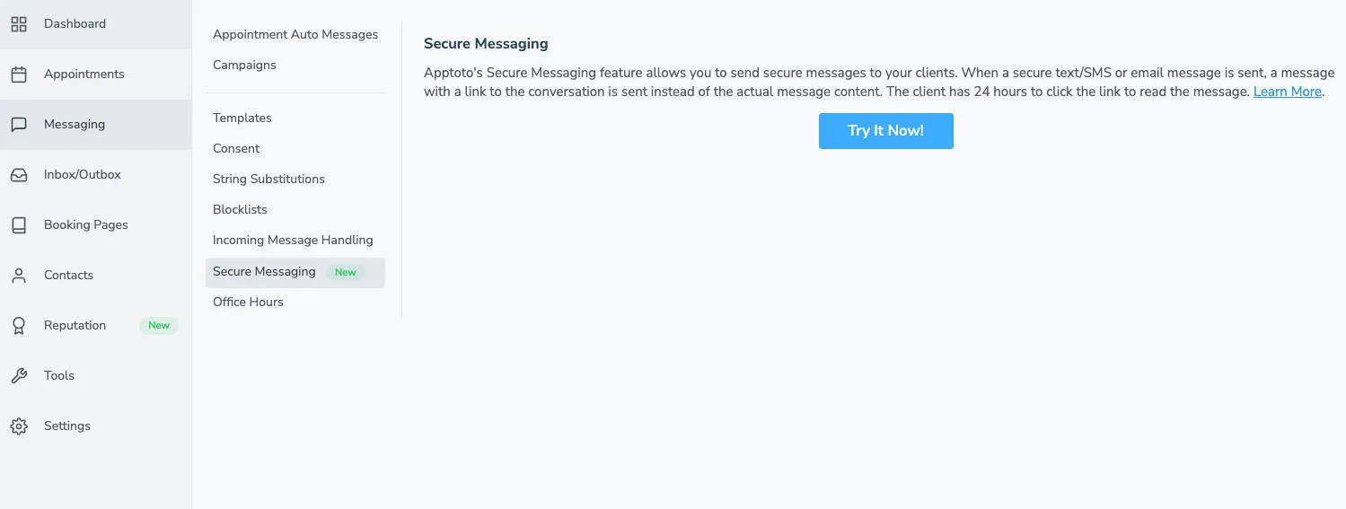 Enable Secure Messaging via the Messaging > Secure Messaging tab.