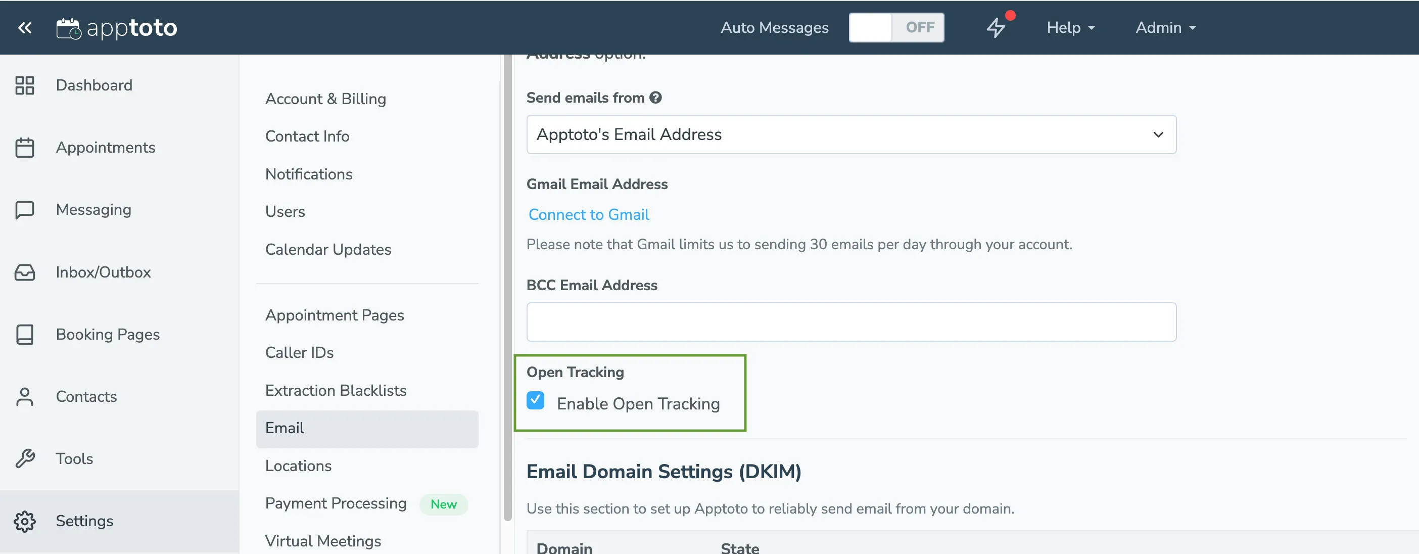 Enable email open tracking with a single click under the Settings > Email tab.