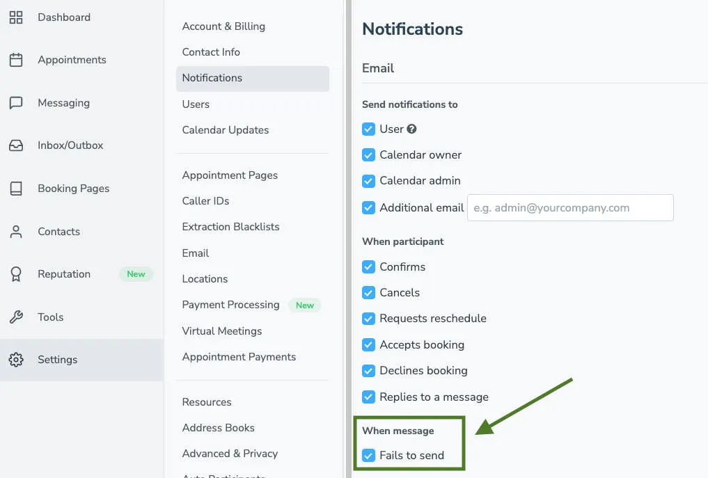 Checkbox to get notified when an email appointment reminder or booking confirmation fails to send.