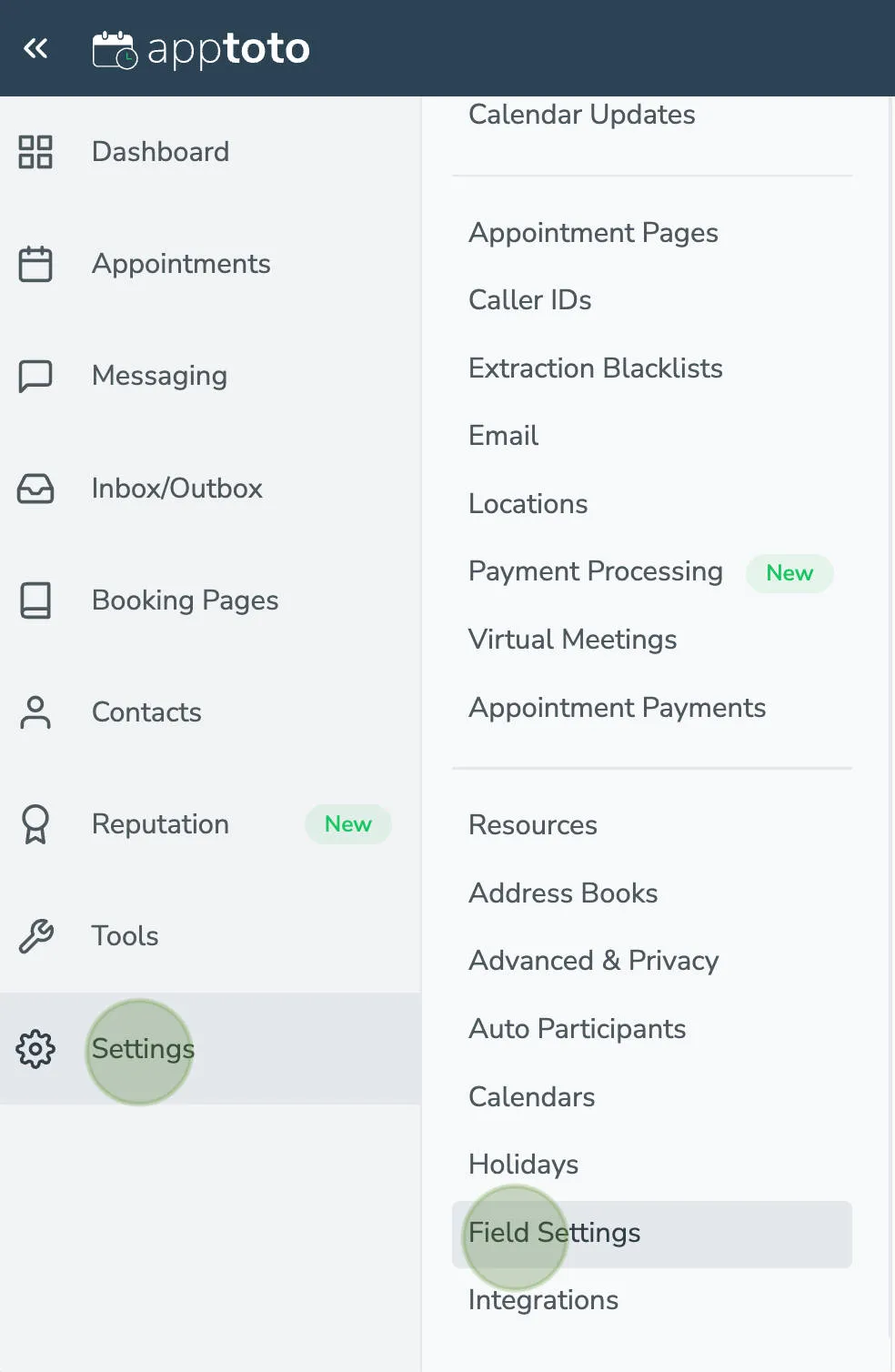 Field settings tab in Apptoto platform