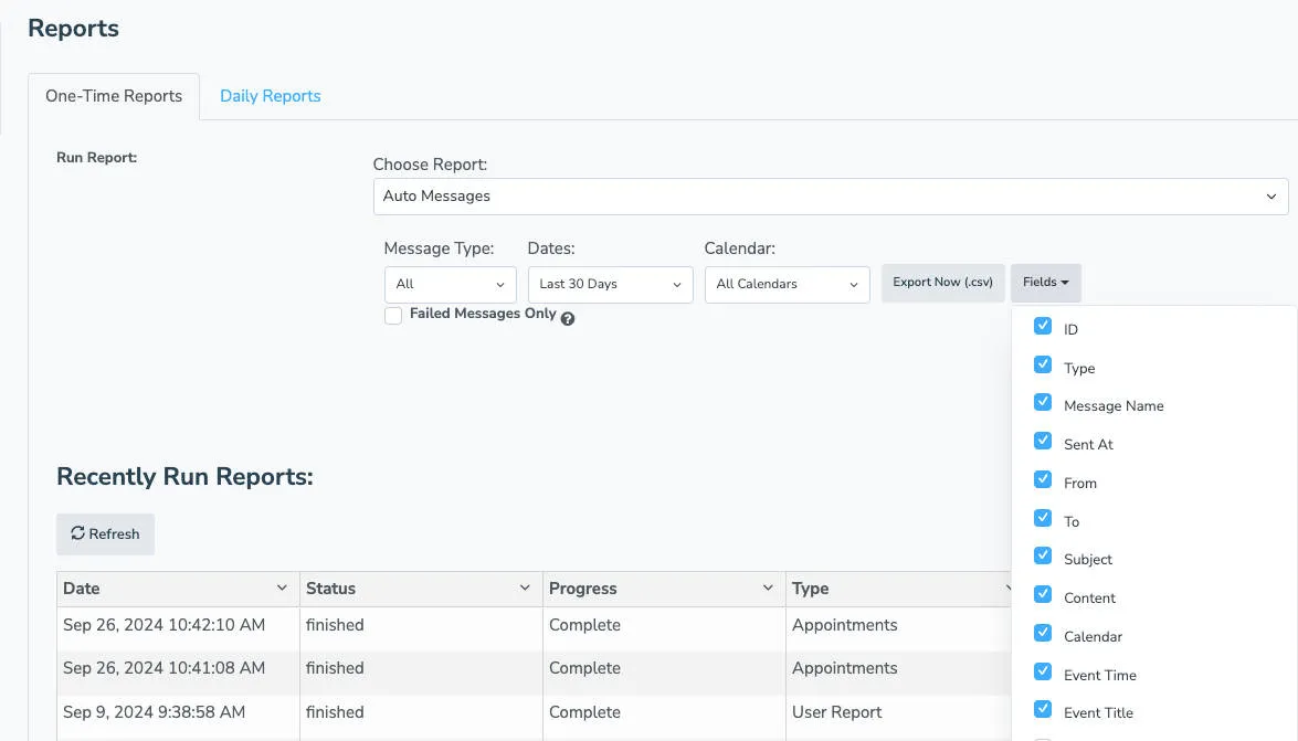 Select Apptoto message report fields to be included in the report