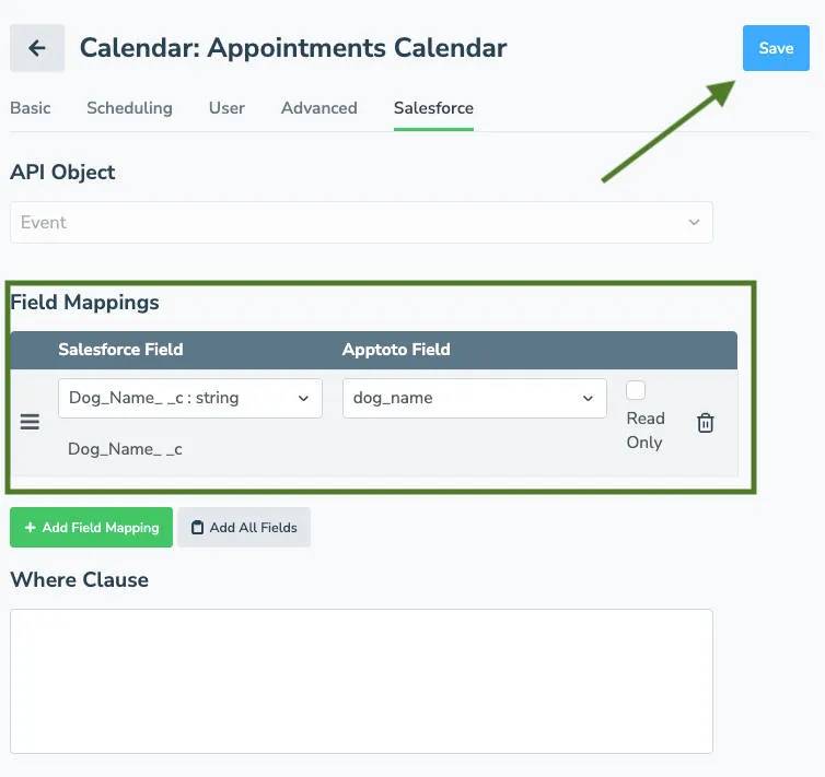 Salesforce to Apptoto custom field mapping final view before saving