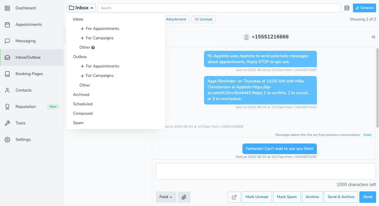 Choose from multiple folders in the Inbox/Outbox to sort texts and emails.