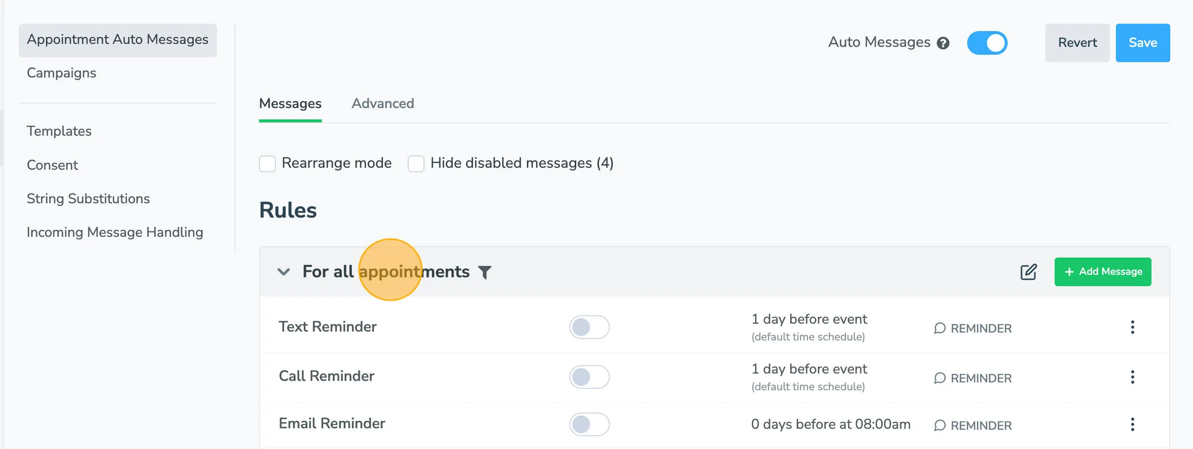 Highlighting message sequence for all appointments