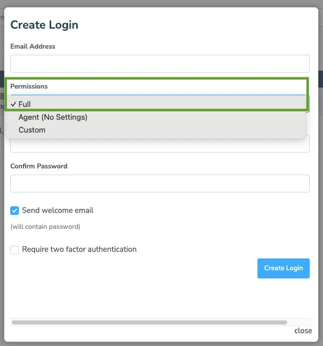 Enter the new user's details in the "create login" screen and select "full" to grant full access.