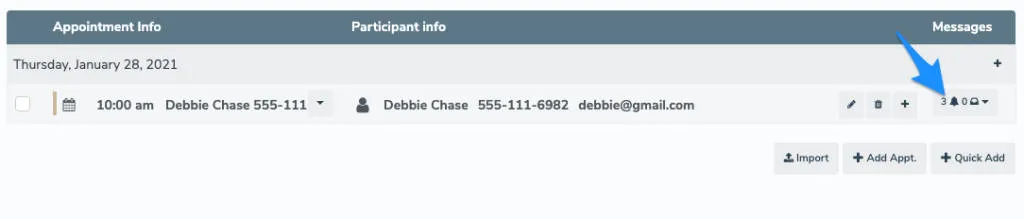 An event displaying scheduled and sent auto messages on the Appointments tab.