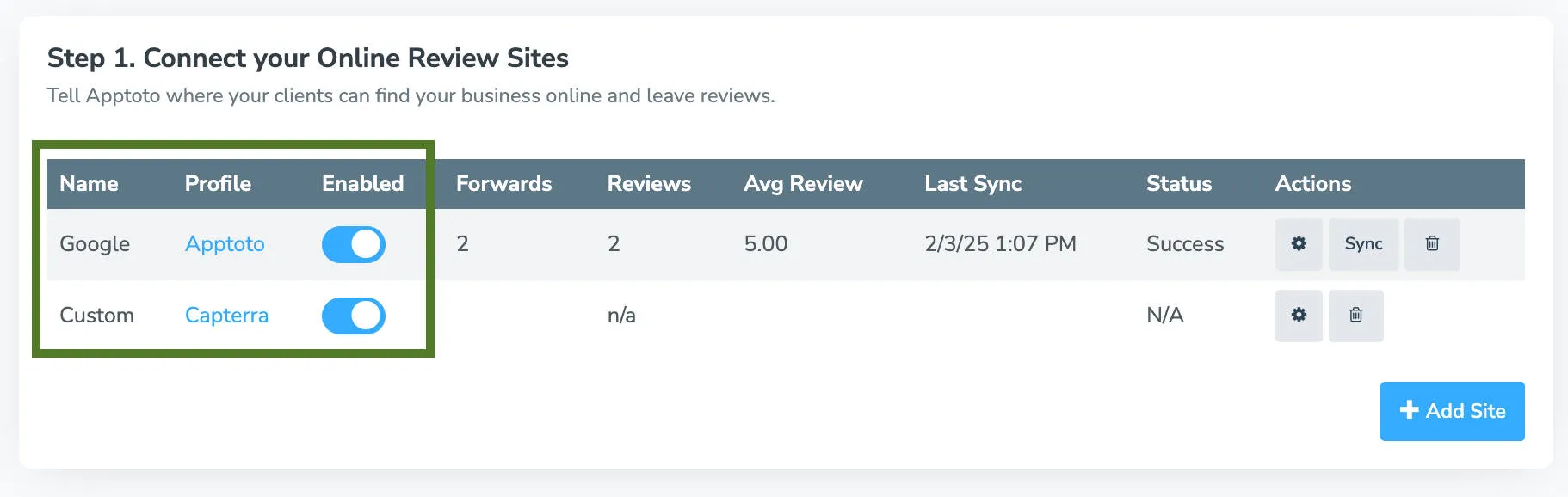 general review site settings in Apptoto