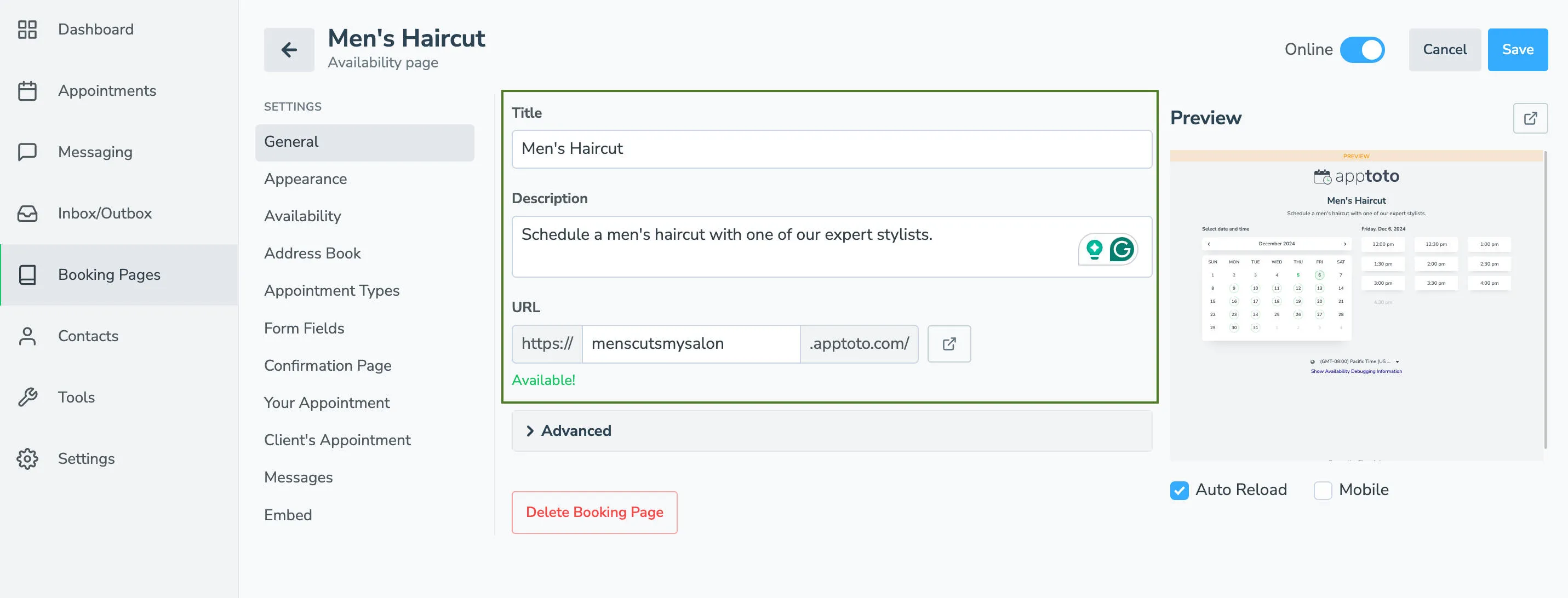 Enter title, description, and URL for your appointment type booking page on the "General" tab