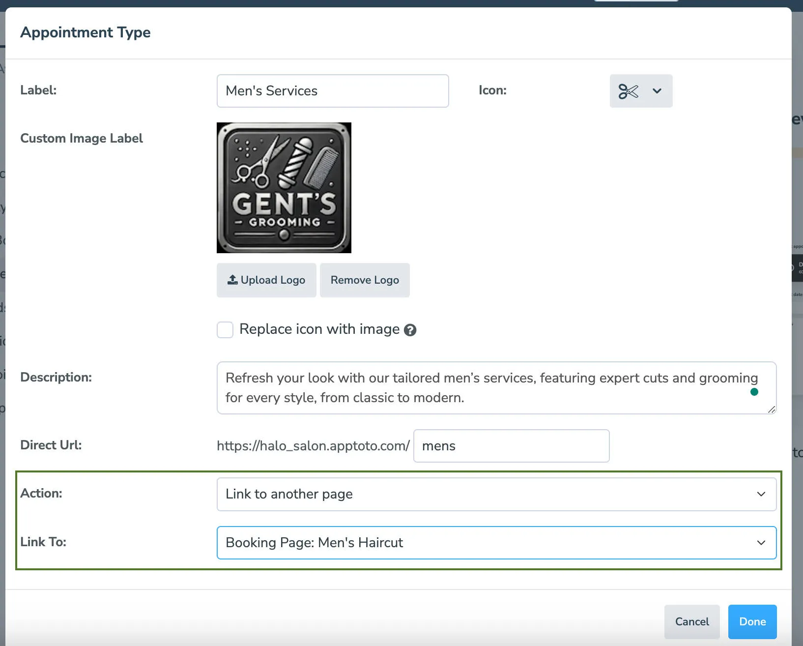 Use the action and link to settings to choose the relevant appointment type booking page you created