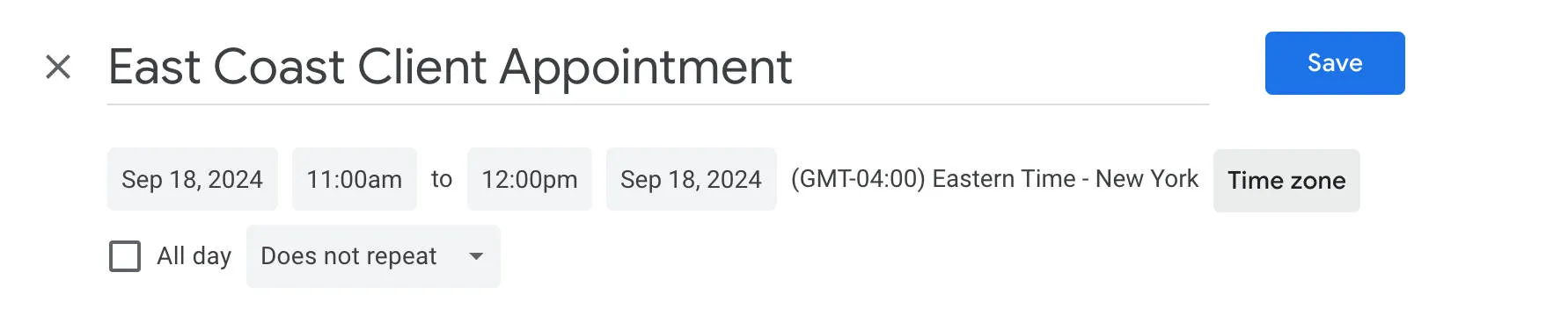 Set the time zone on an individual Google Calendar event
