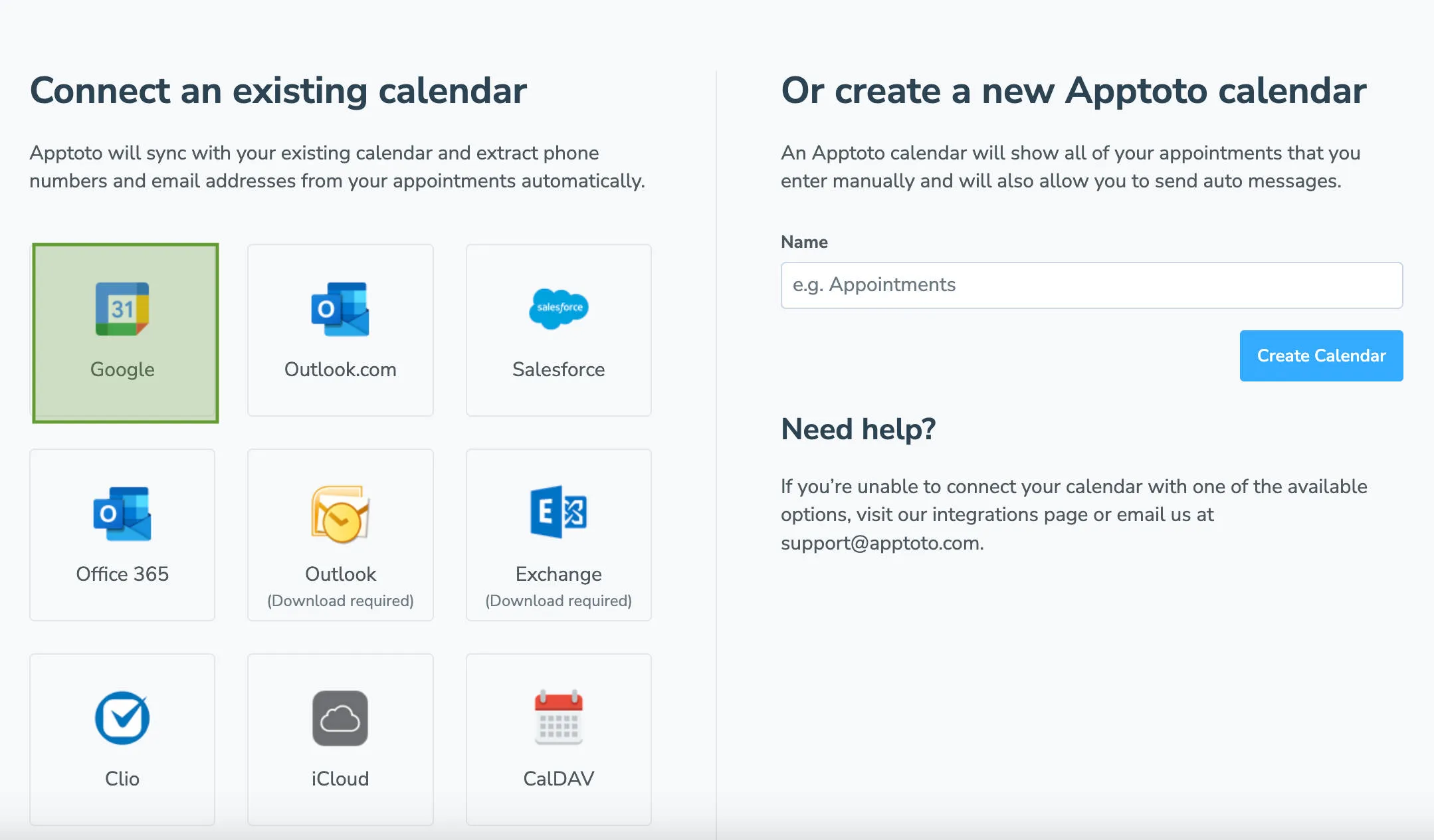 Google calendar type selection