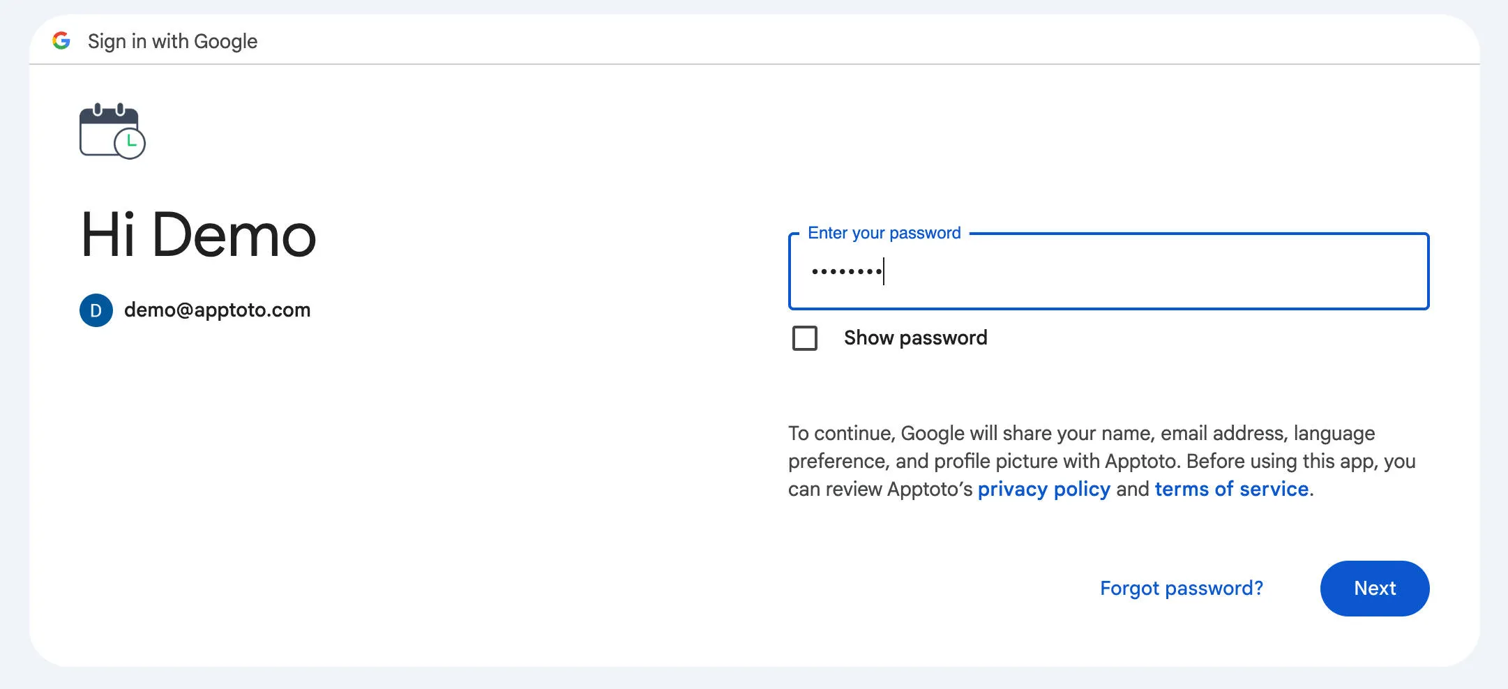 Google password entry screen