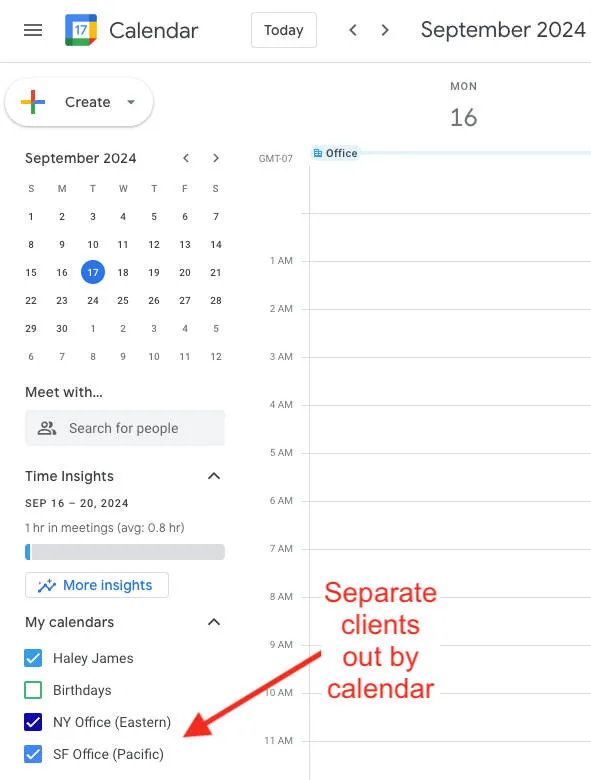 Use a separate Google Calendar per time zone