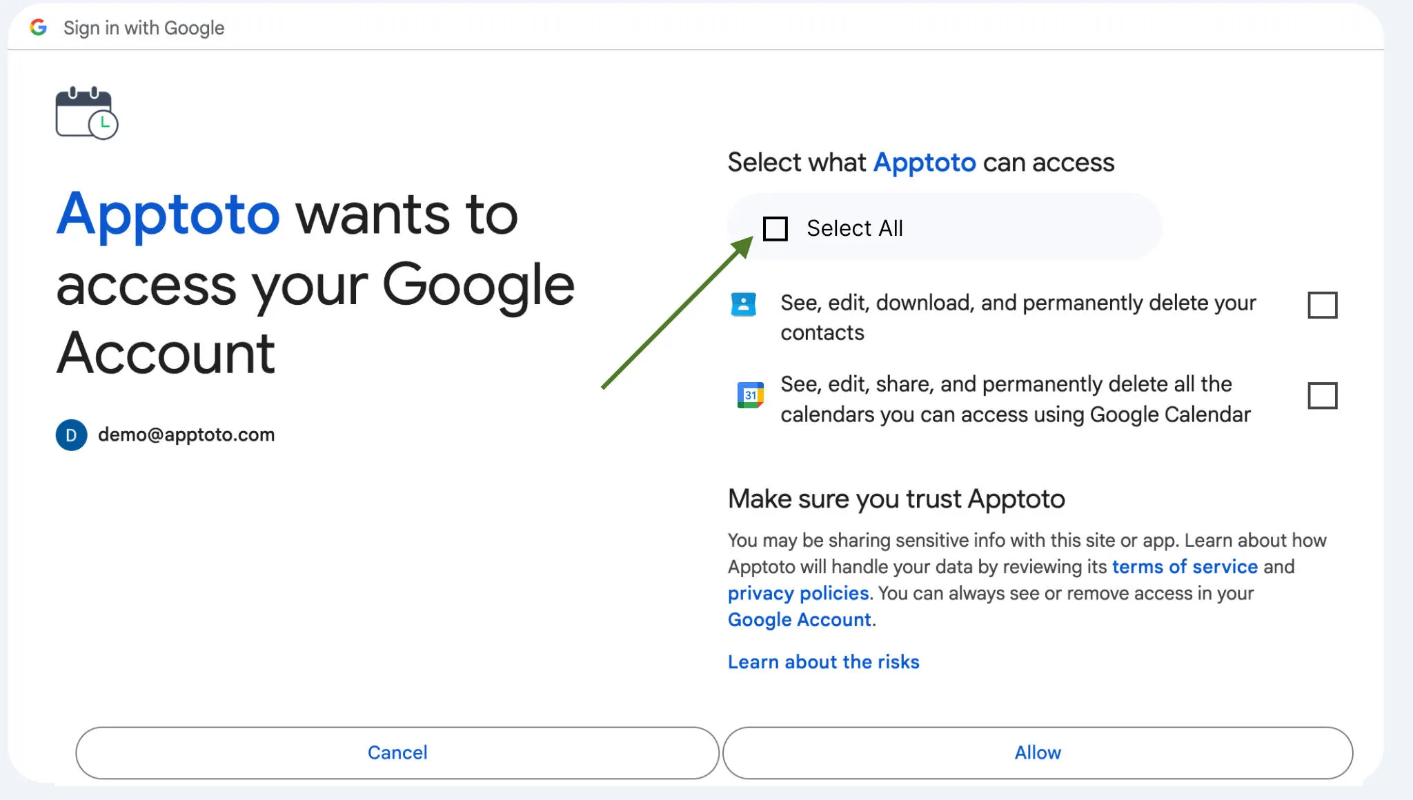 Apptoto permission checkboxes for contacts and calendar access