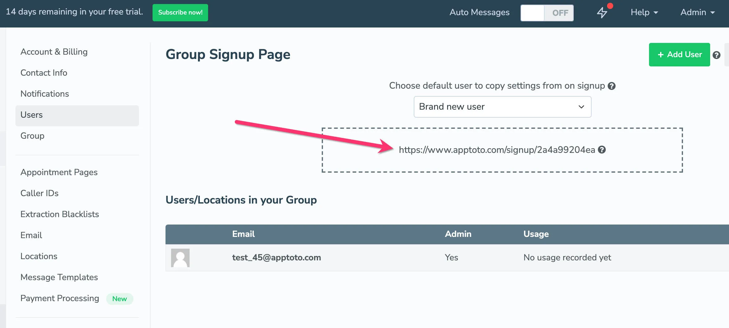 Apptoto group signup page once SAML has been enabled.
