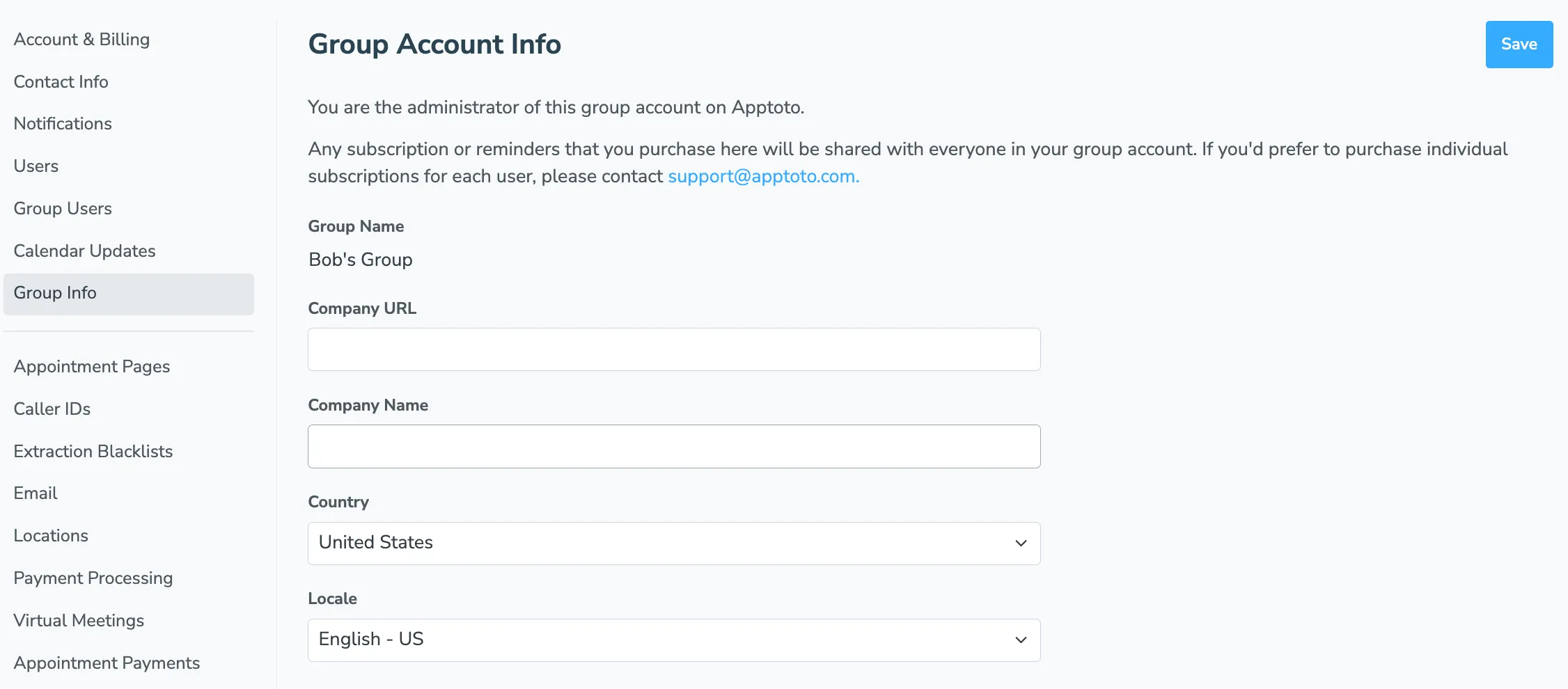 The Settings > Group Info tab is where account admins manage shared group account details like name, URL, country, and locale.