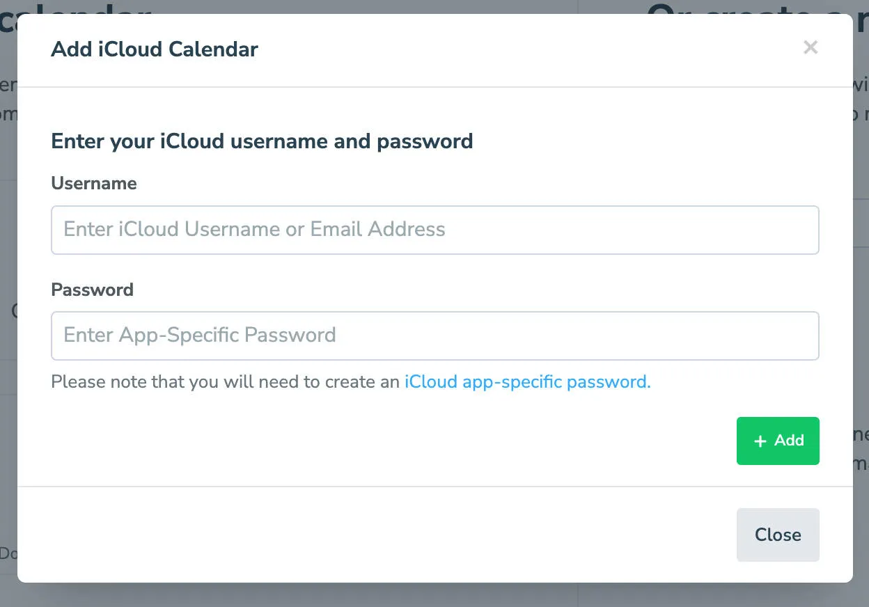 Apptoto interface displaying where to enter credentials for iCloud to enable Calendar syncing