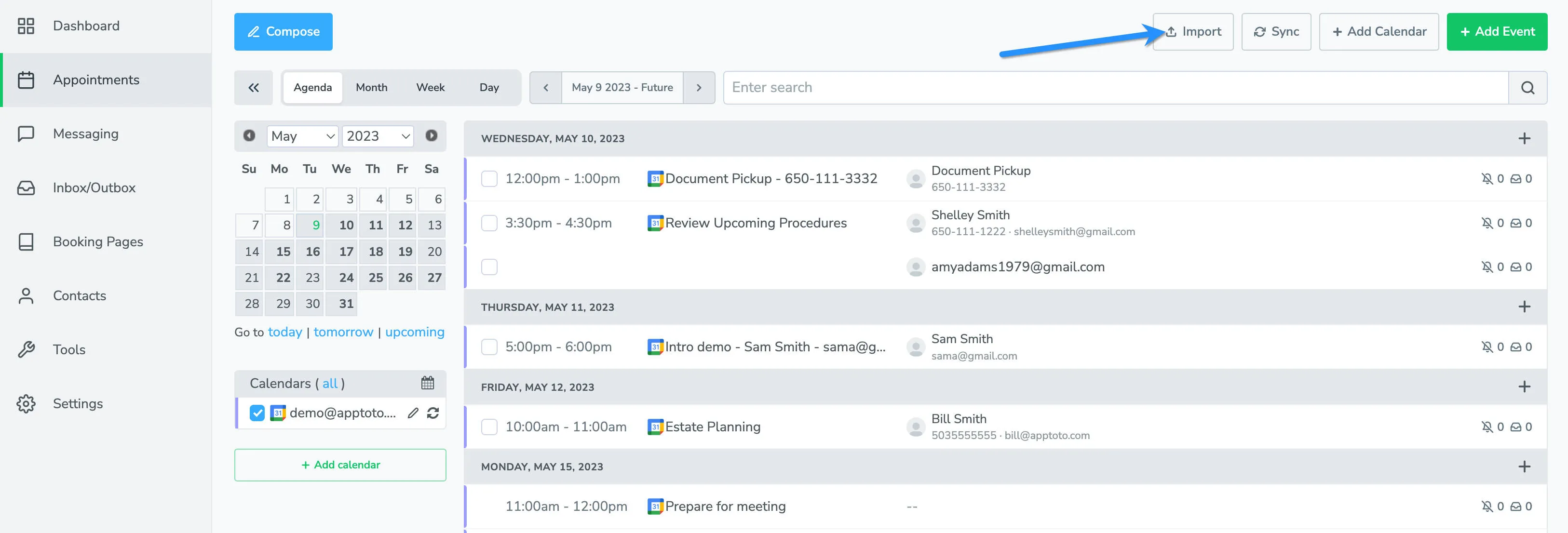 Apptoto platform interface showing Import button on Appointments tab