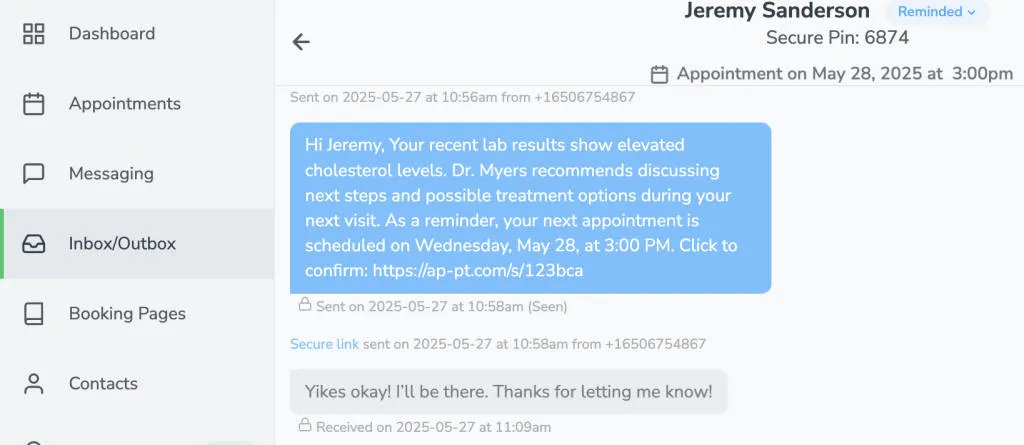 Client or patient response to secure message on Inbox/Outbox tab in Apptoto
