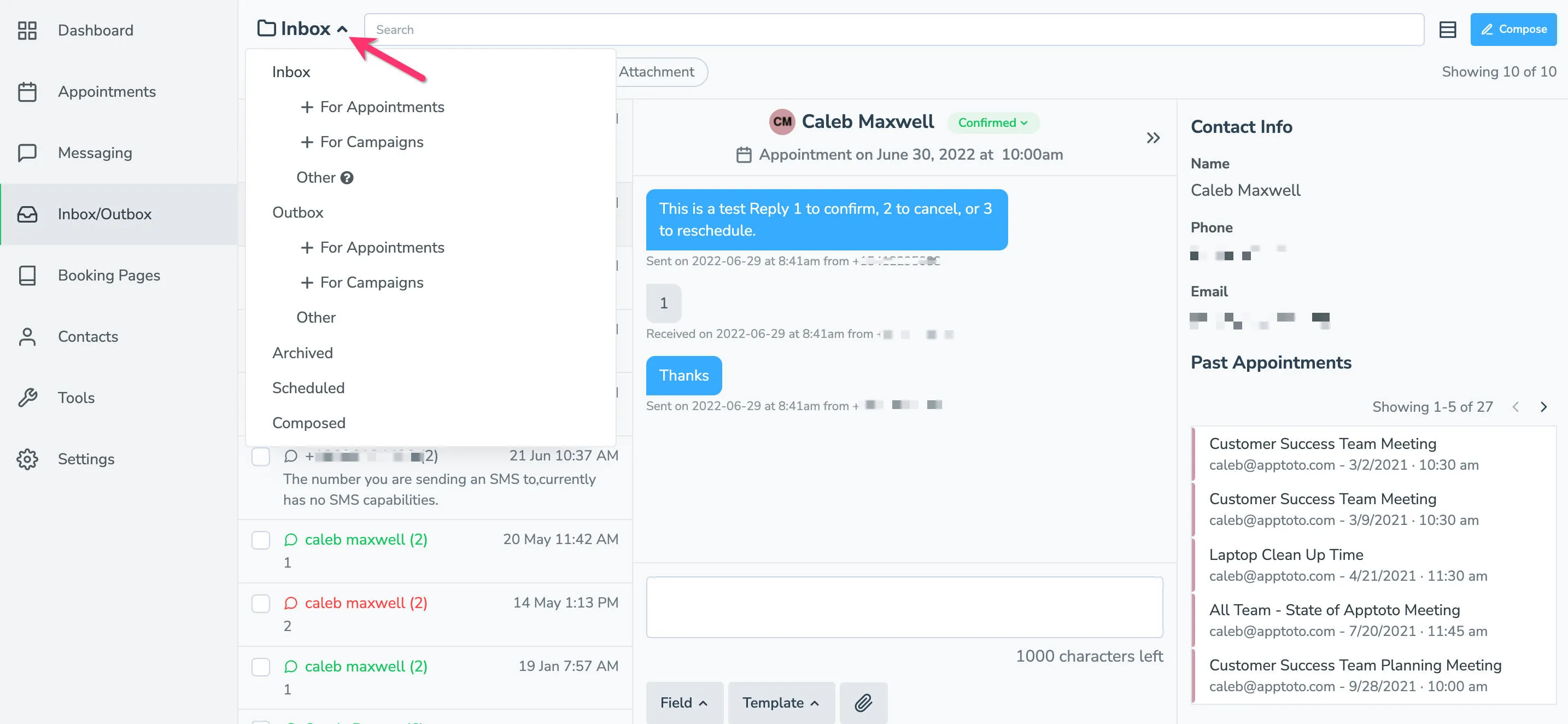 Manage two-way conversations with clients via Apptoto's inbox/outbox tab.