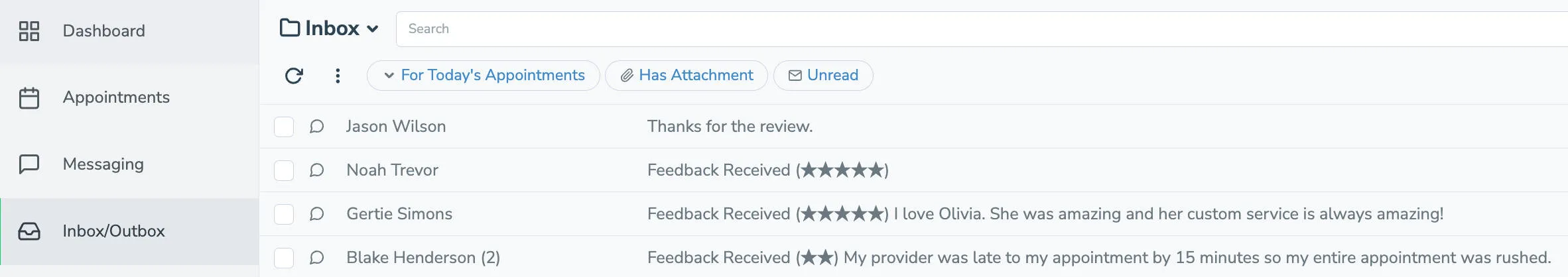 Inbox/Outbox tab with review and responses shown for ratings.