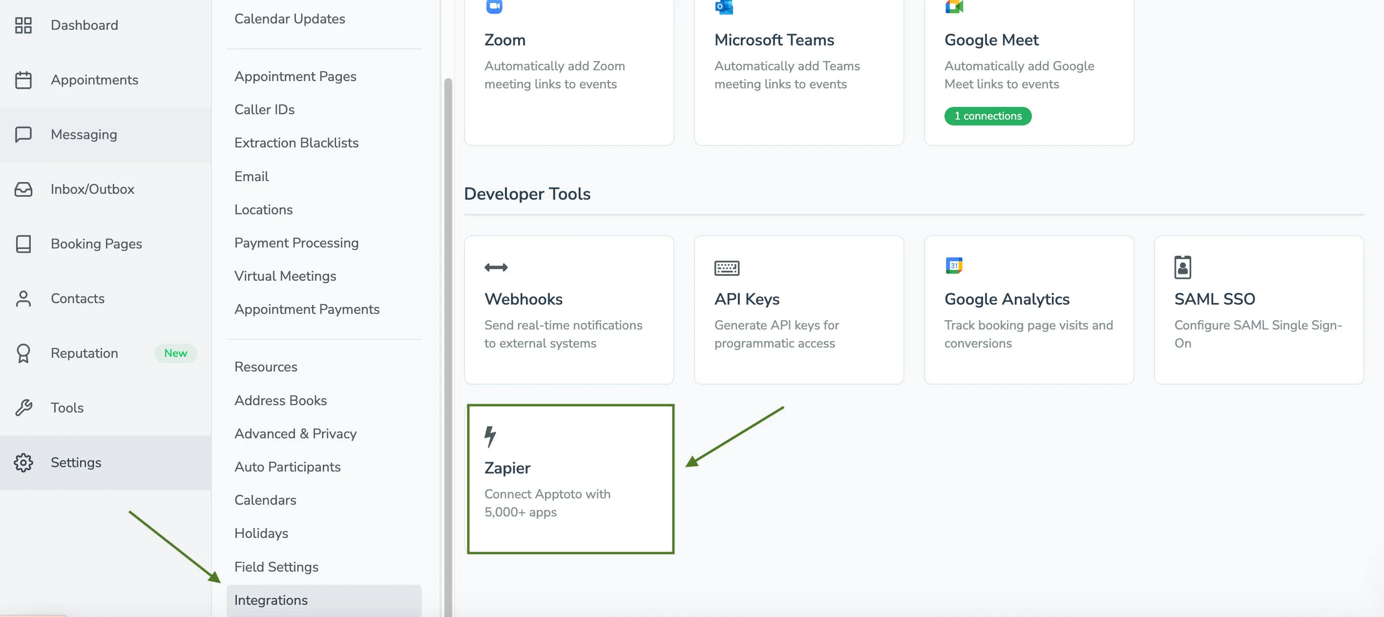 Apptoto integrations page with Zapier listed under Developer Tools