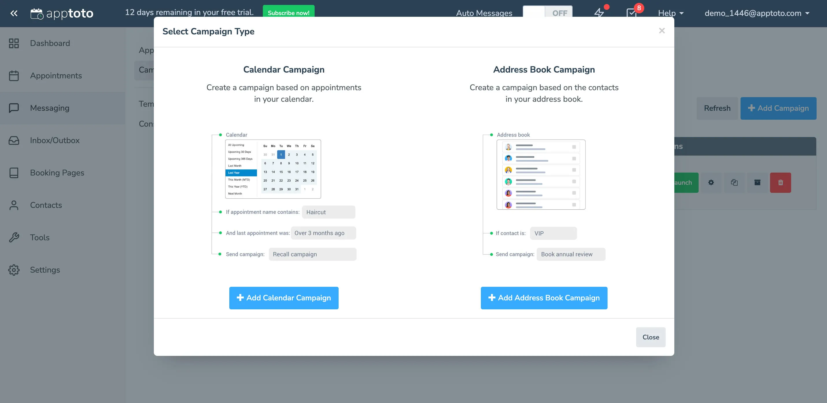 launch campaign screen with choice between campaign or address book campaign