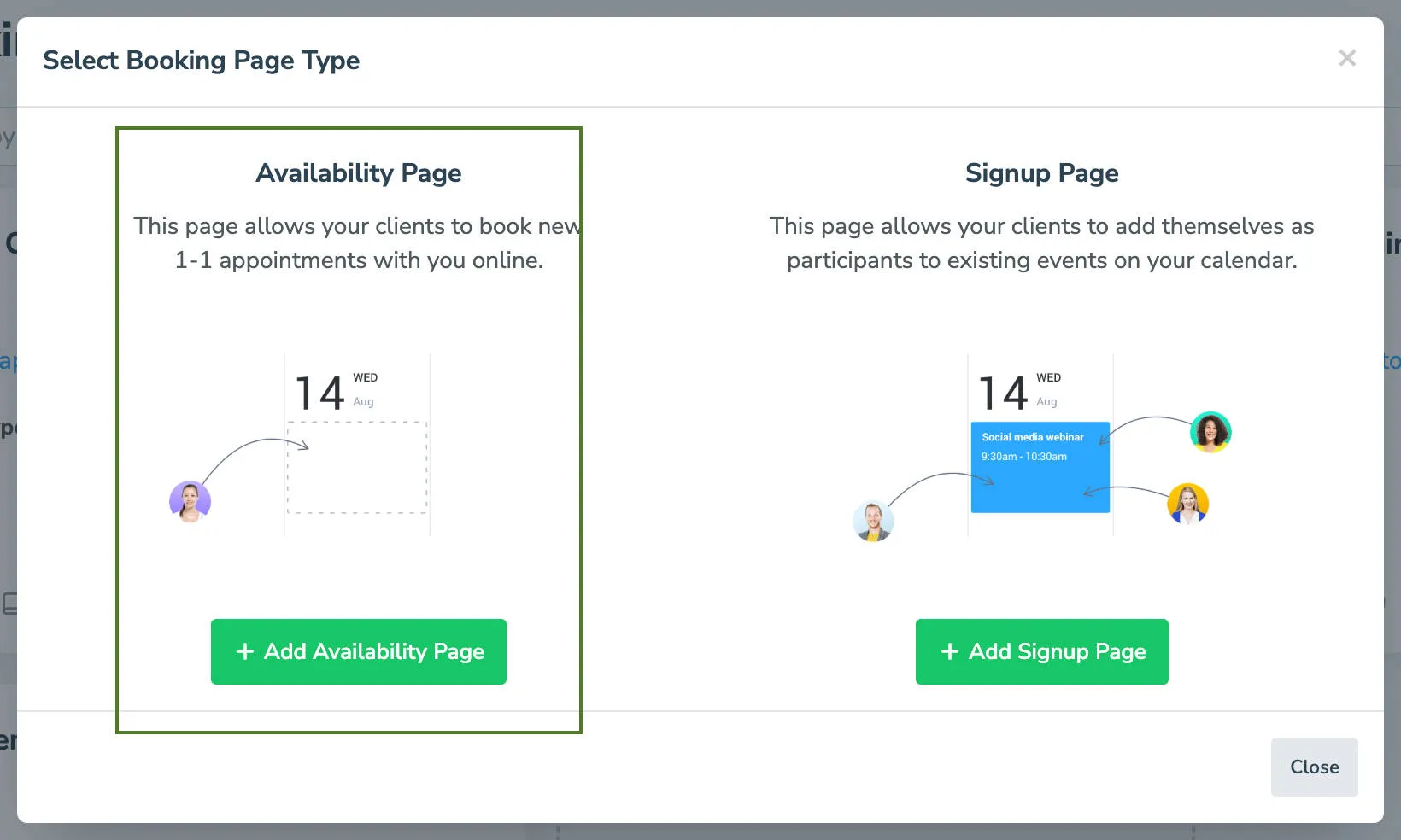 Generate a new booking page by clicking "+Add Availability Page"