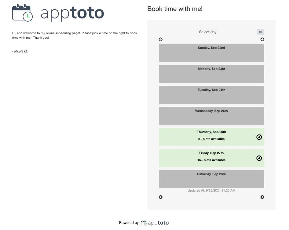 Apptoto booking page layout legacy two column even