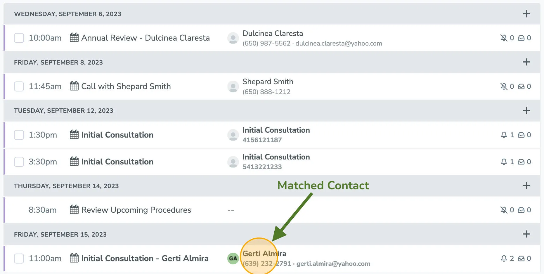 An automatically matched contact in Apptoto shows a matched contact bubble