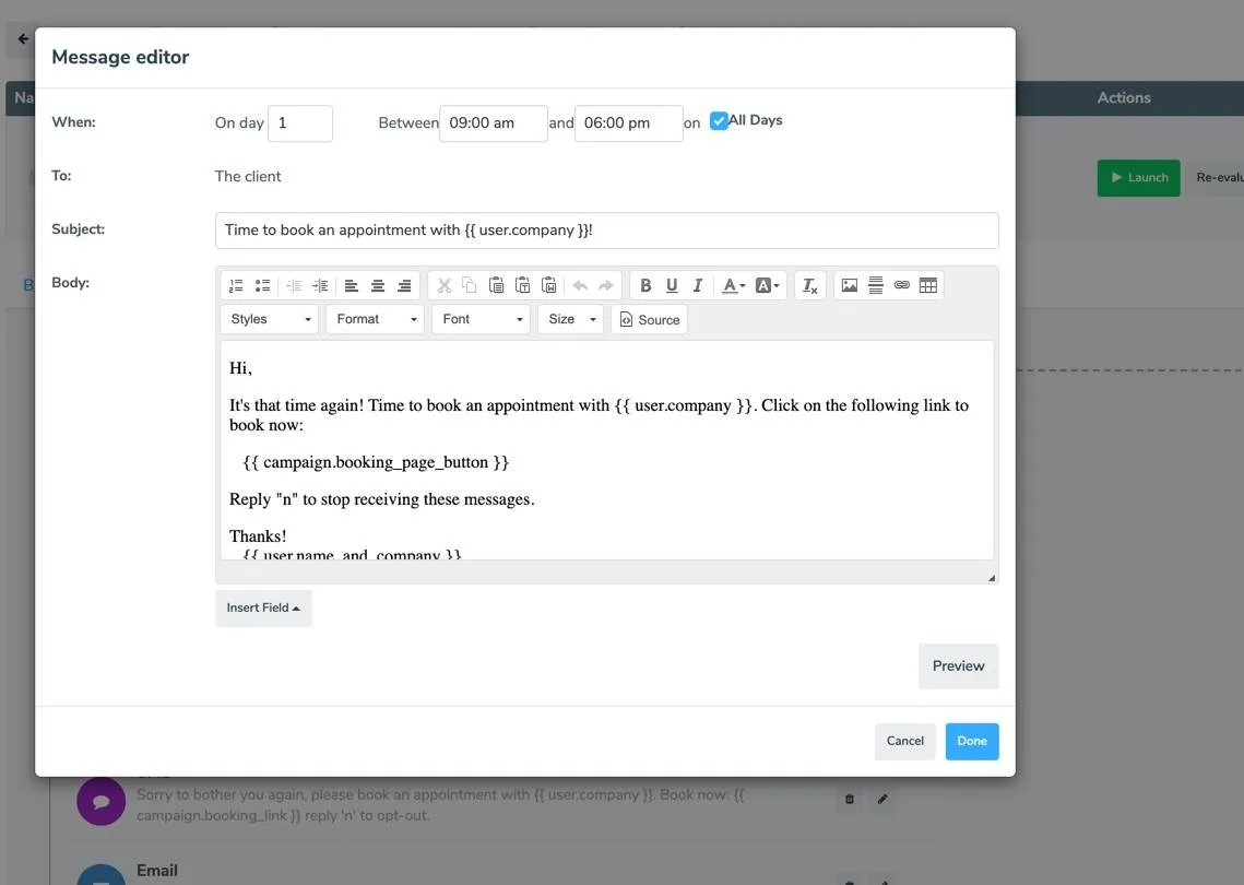 edit message content using the campaign message editor