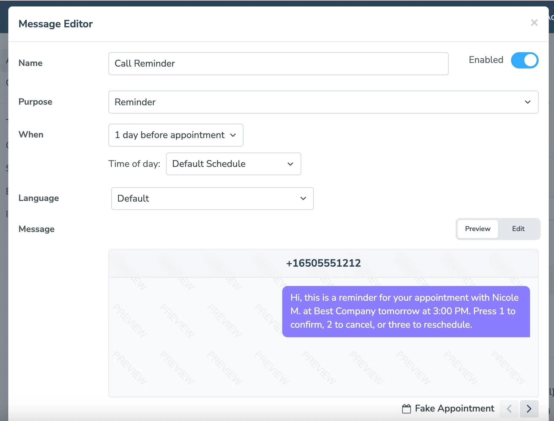 Appointment message editor screen in Apptoto