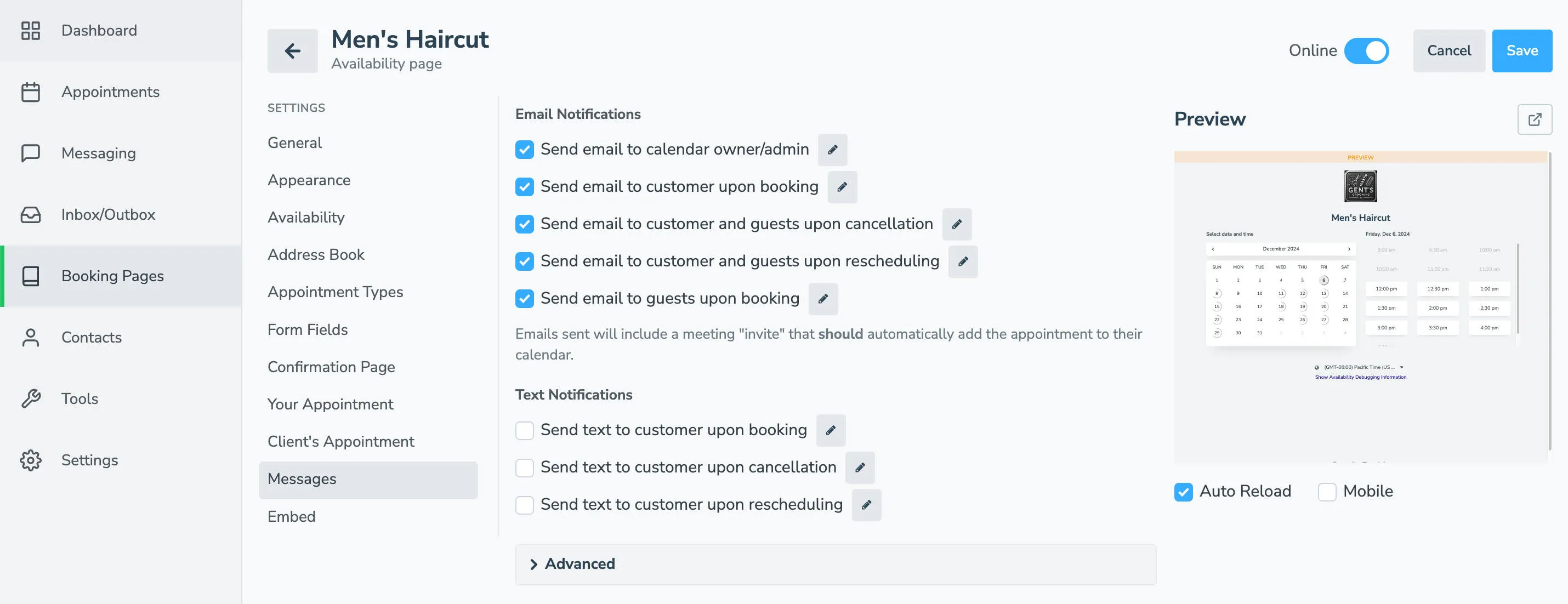 Choose which email or text messages you want sent after someone books an appointment