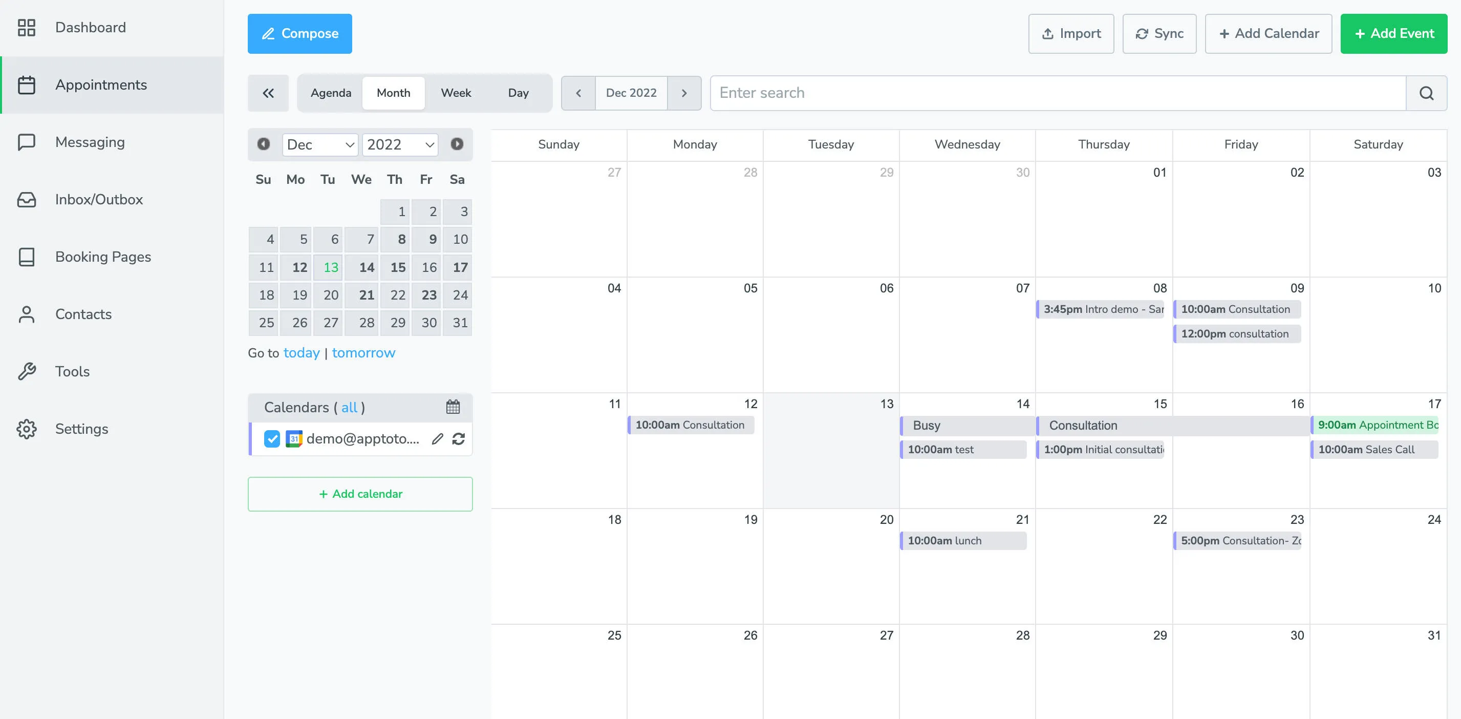 Apptoto's month view displaying a full calendar month's appointments