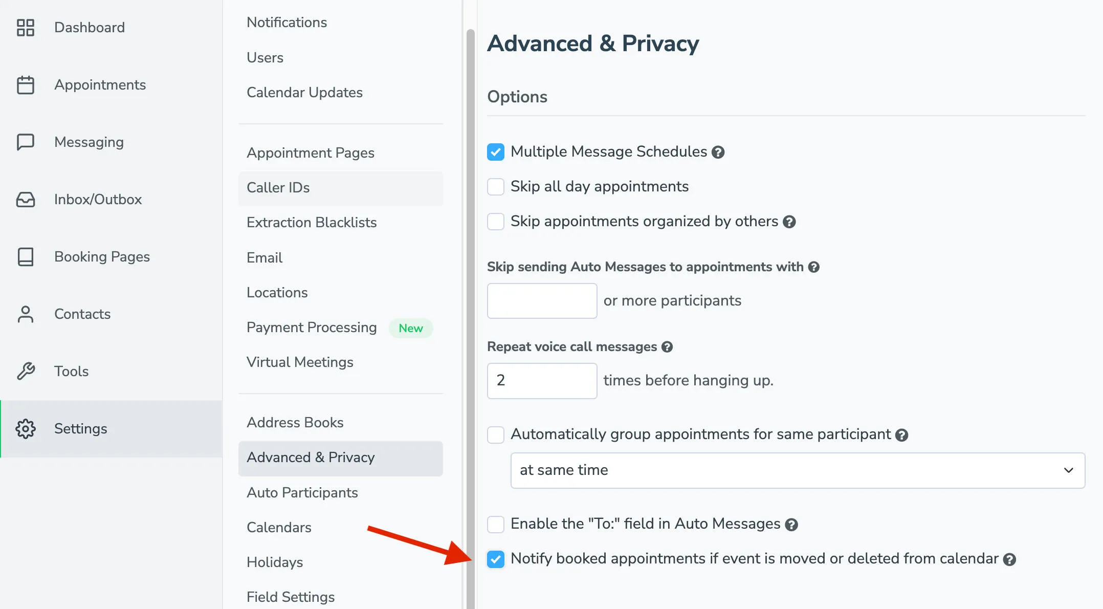 Enable notifications if an appointment event is moved or cancelled in Apptoto