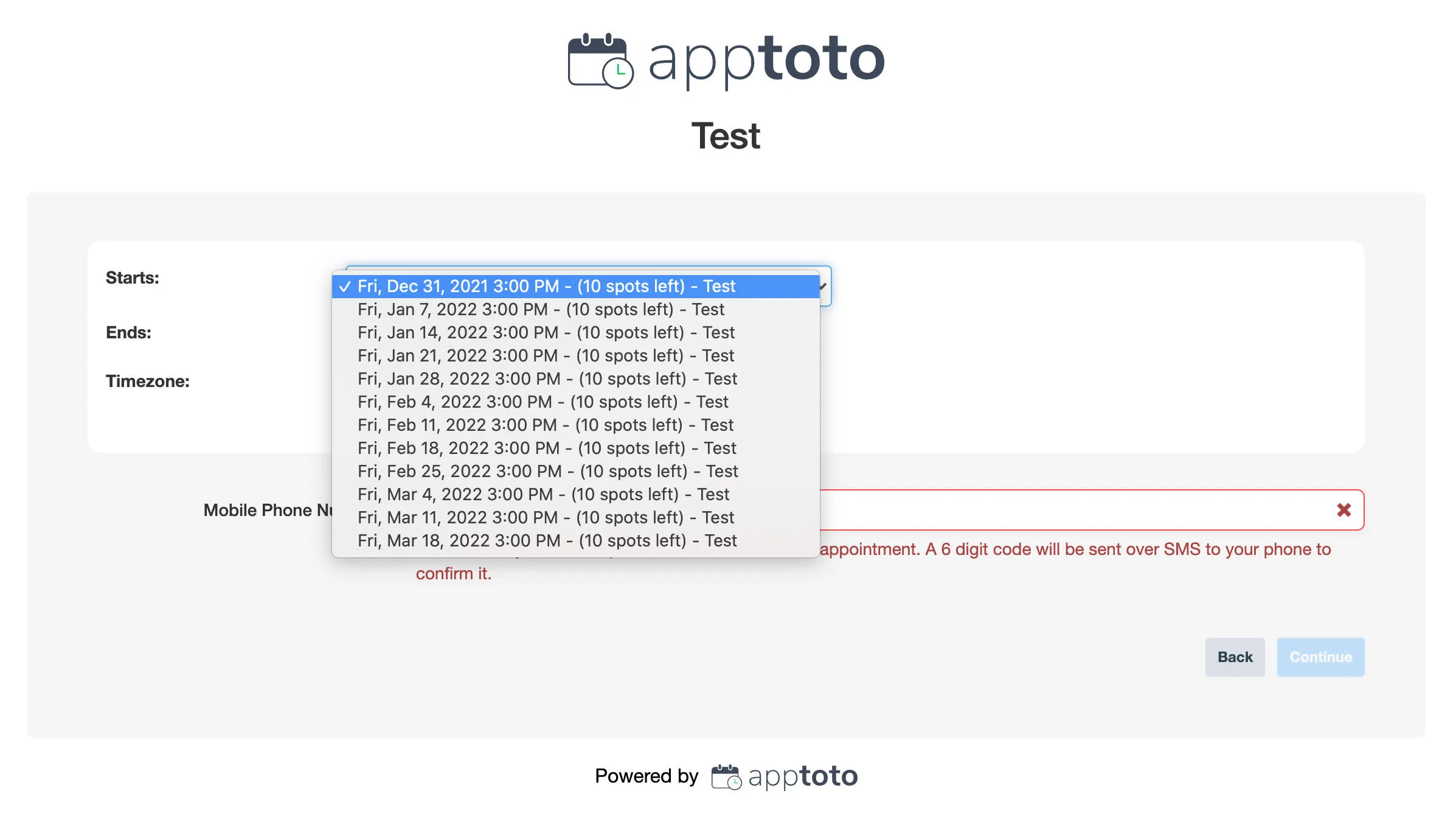 Apptoto signup page displaying multiple group events in a drop down list