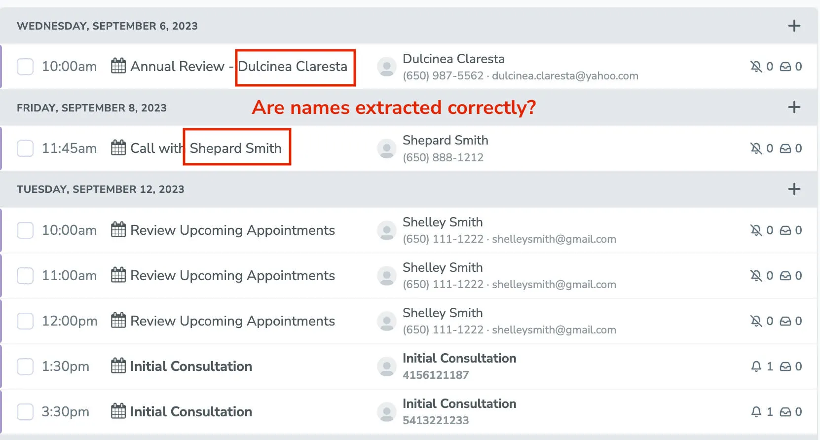Meetings in Apptoto with extracted names added to the participant details