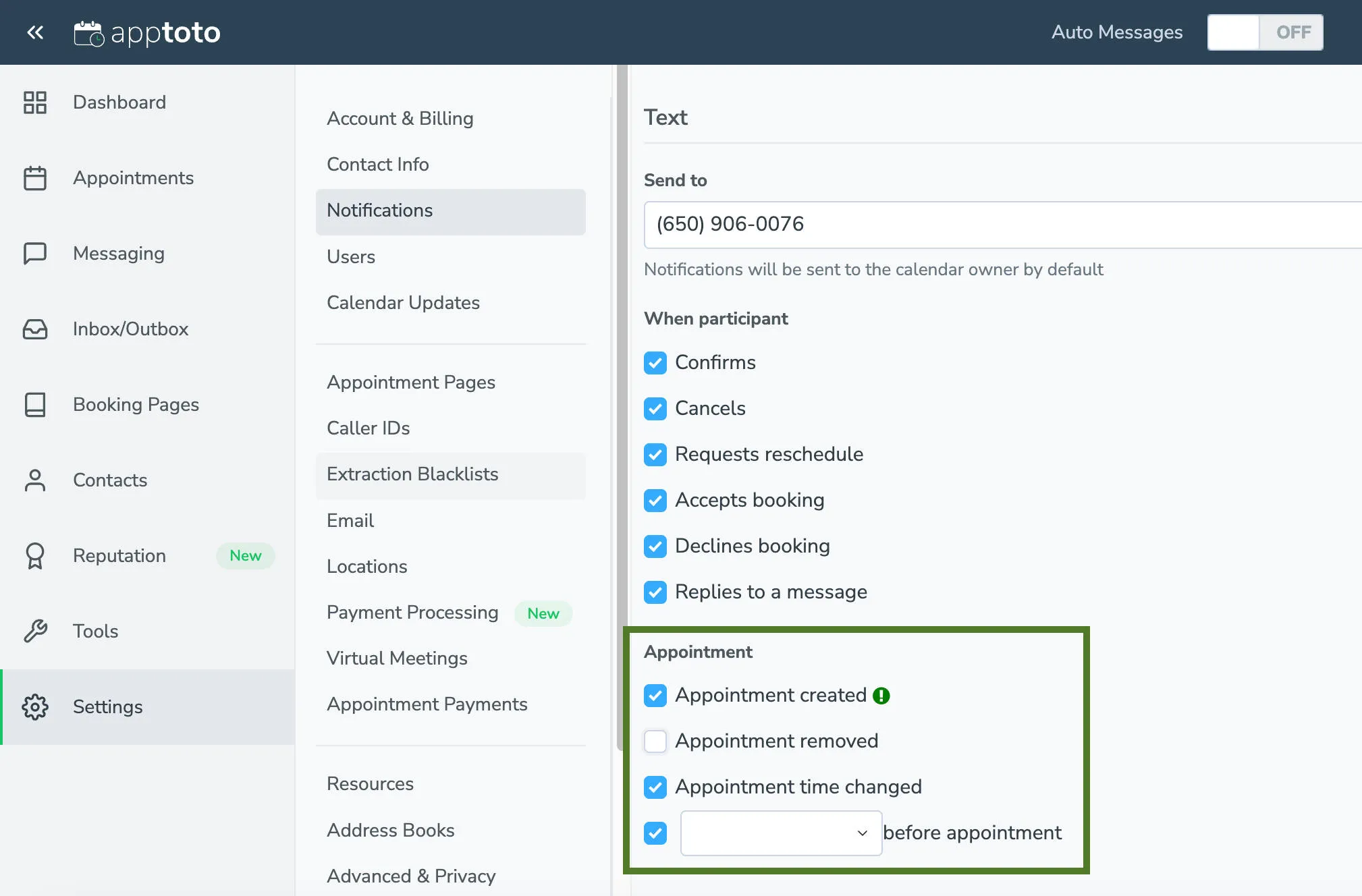 Appointment activity notification settings